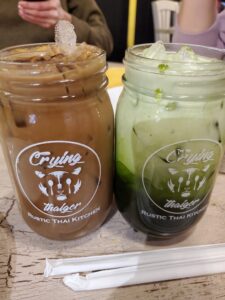 Crying Tiger - thai iced coffee (left), thai milk green tea (right)